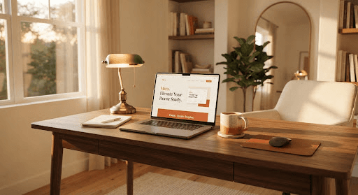 A warm, sophisticated photograph of a minimalist home office with a classic wooden desk, a vintage-style lamp casting a soft glow on a laptop, and a ceramic mug of coffee.