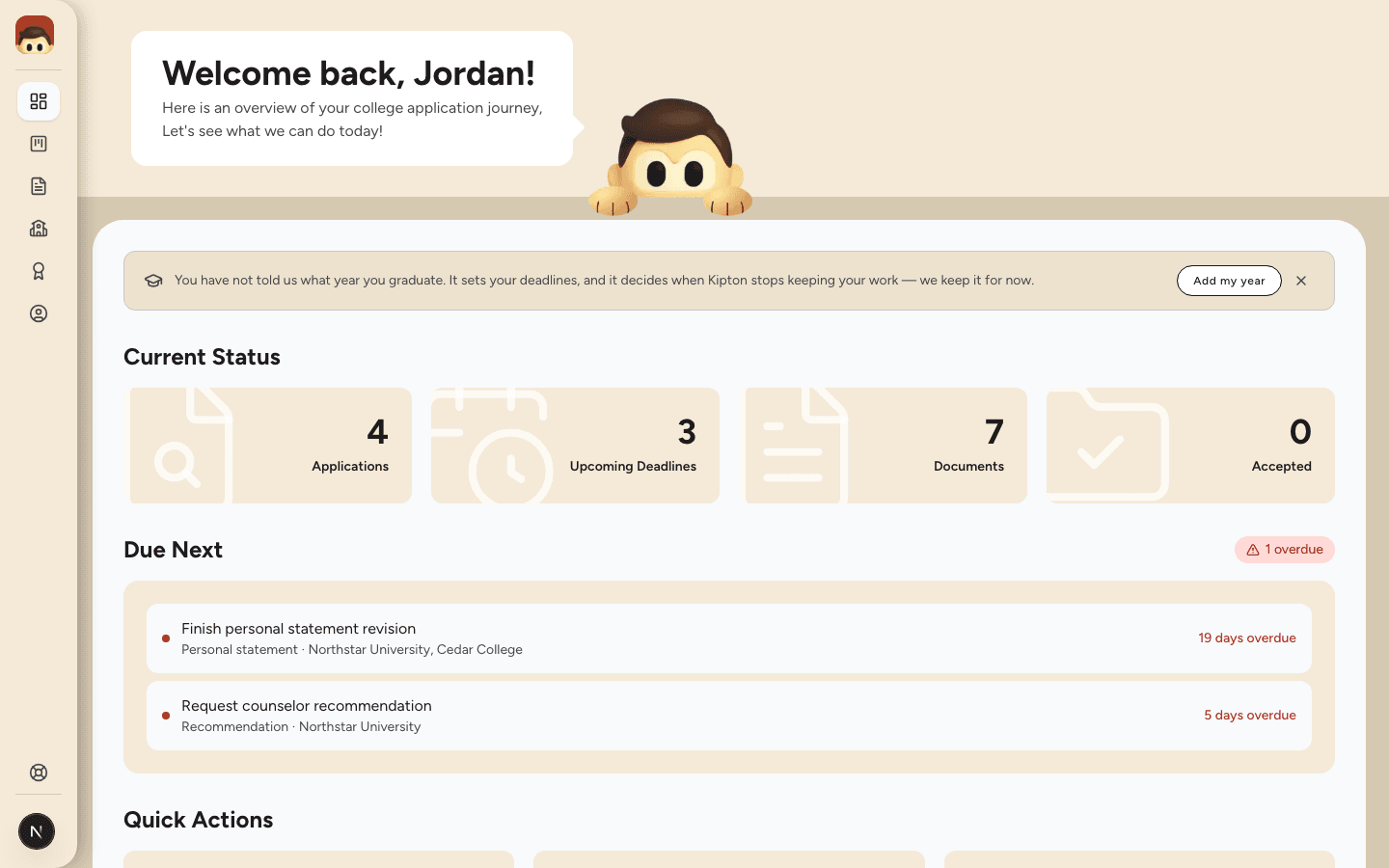 Kipton dashboard showing applications and upcoming deadlines.